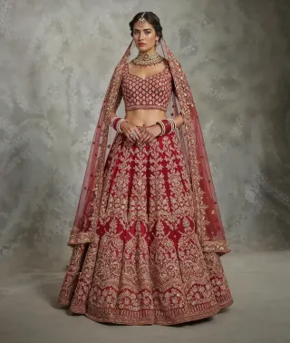 Bride in a deep red gold-embroidered lehenga and sheer dupatta, posed against a soft grey studio backdrop