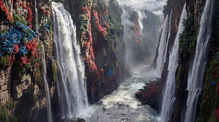 Waterfalls pouring into a misty gorge, cliffs draped in red and blue flowering moss above white rapids