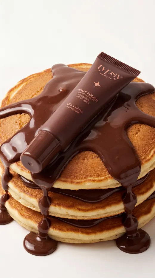 Chocolate-brown lip gloss tube resting on a stack of pancakes with glossy chocolate sauce dripping down the sides