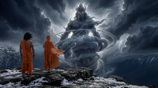 Two figures in saffron robes on a snowy cliff face a giant deity formed from storm clouds and lightning