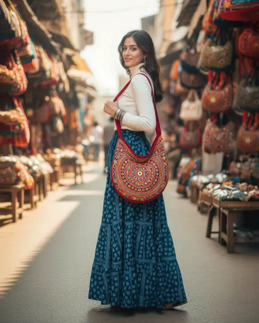 Woman in an indigo block-print maxi skirt and mirror-work sling bag glancing back in a bag-lined bazaar lane