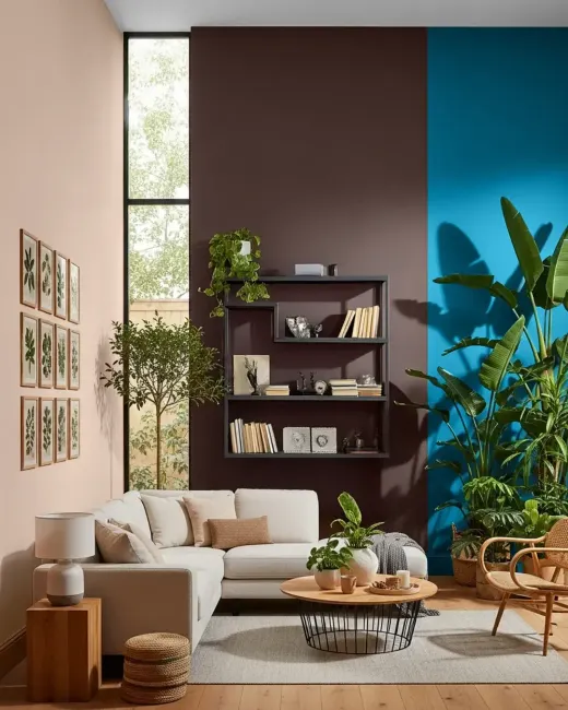 Living room with blush, deep brown and bright blue color-blocked walls, cream sectional sofa and large tropical plants