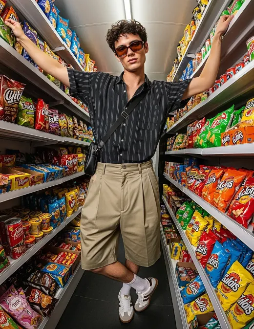 Man in sunglasses, striped shirt and beige shorts braced between packed snack shelves in a narrow shop aisle