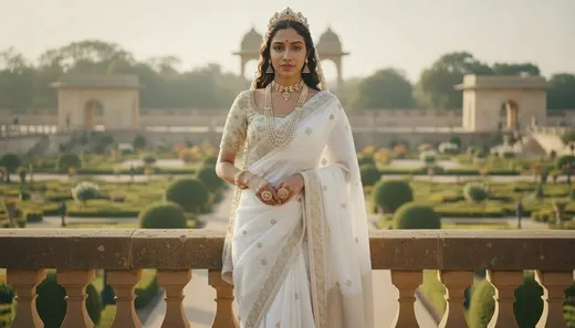 Woman in a white and gold saree with tiara and pearl necklaces on a stone balcony above a formal palace garden