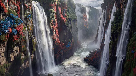 Waterfalls pouring into a misty gorge, cliffs draped in red and blue flowering moss above white rapids