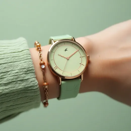 Wrist wearing a rose-gold watch with mint leather strap and a gold chain bracelet against a sage green backdrop