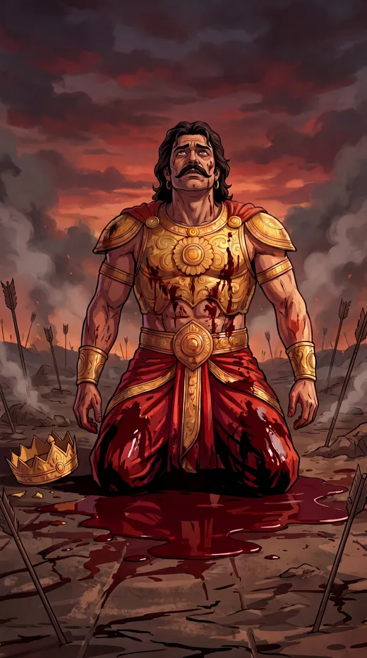 Illustrated warrior king in gold armour kneeling in blood on an arrow-strewn battlefield, crown fallen beside him